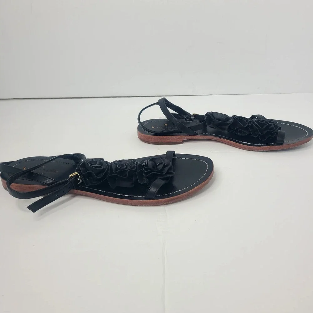 Kate Spade New York Caryl Black Leather Rosette Flower Flat Sandals Size 9.5